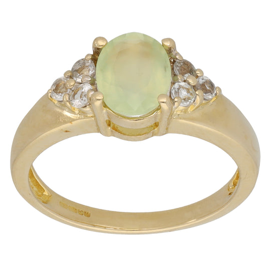 9ct Gold Prehnite & Imitation Single Stone Ring with Accent Stones Size N