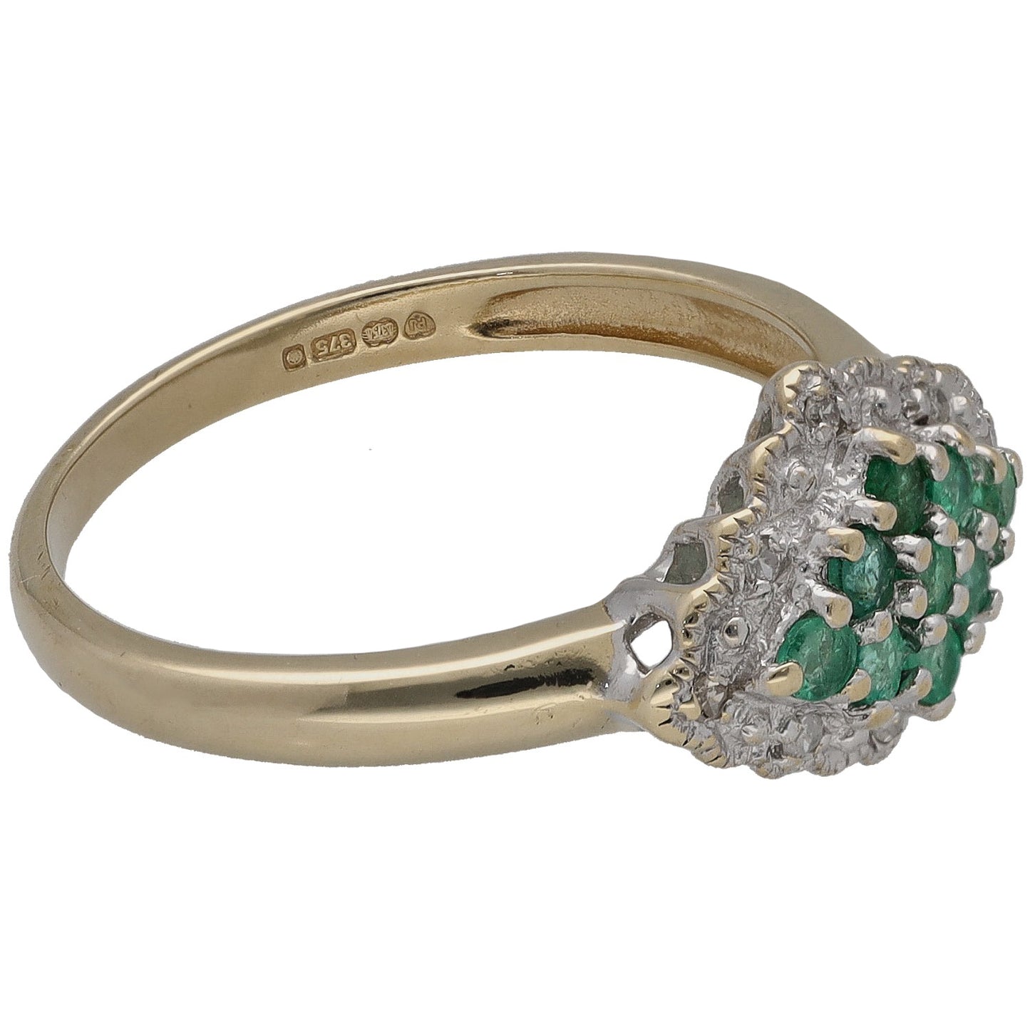 9ct gold ring with green emerald cluster and round diamonds around top, side view