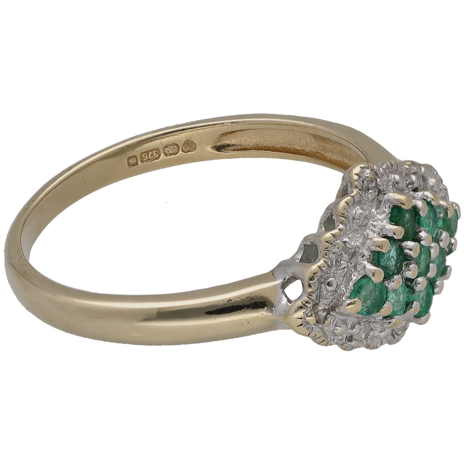 9ct gold ring with green emerald cluster and round diamonds around top, side view