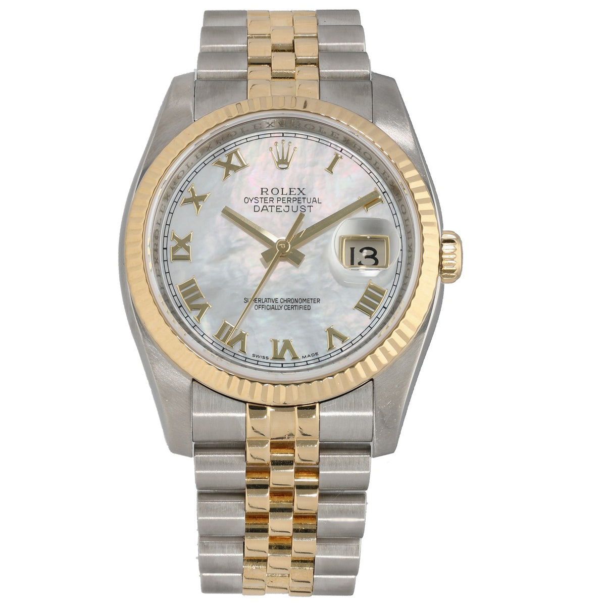 Rolex Datejust 116233 bi-colour watch, white dial with Roman numerals, gold hands, date window