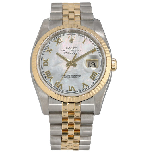 Rolex Datejust 116233 bi-colour watch, white dial with Roman numerals, gold hands, date window