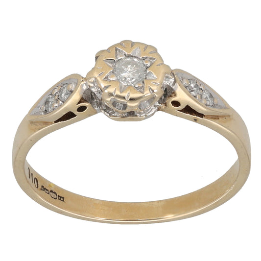 9ct Gold 0.10ct Diamond Solitaire Ring With Accent Stones Size L