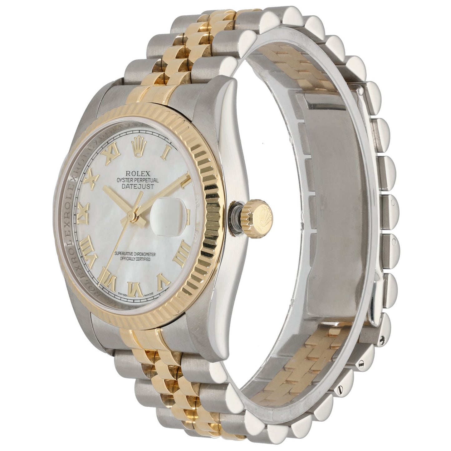 Rolex Datejust 116233 bi-colour watch side view, gold crown, two-tone bracelet links