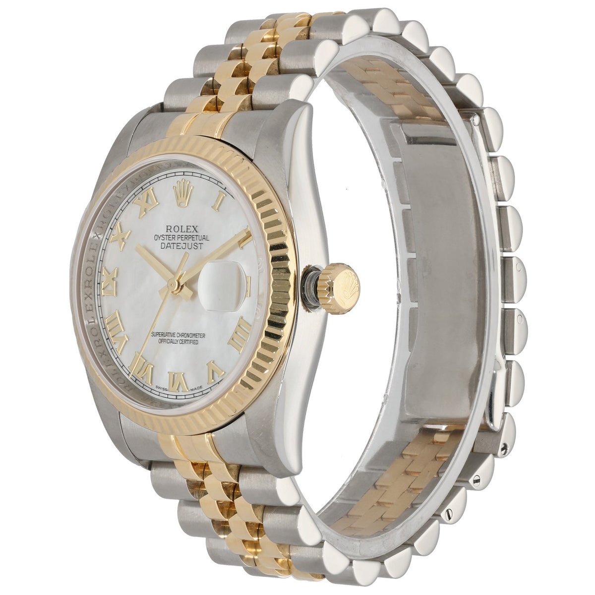Rolex Datejust 116233 bi-colour watch side view, gold crown, two-tone bracelet links