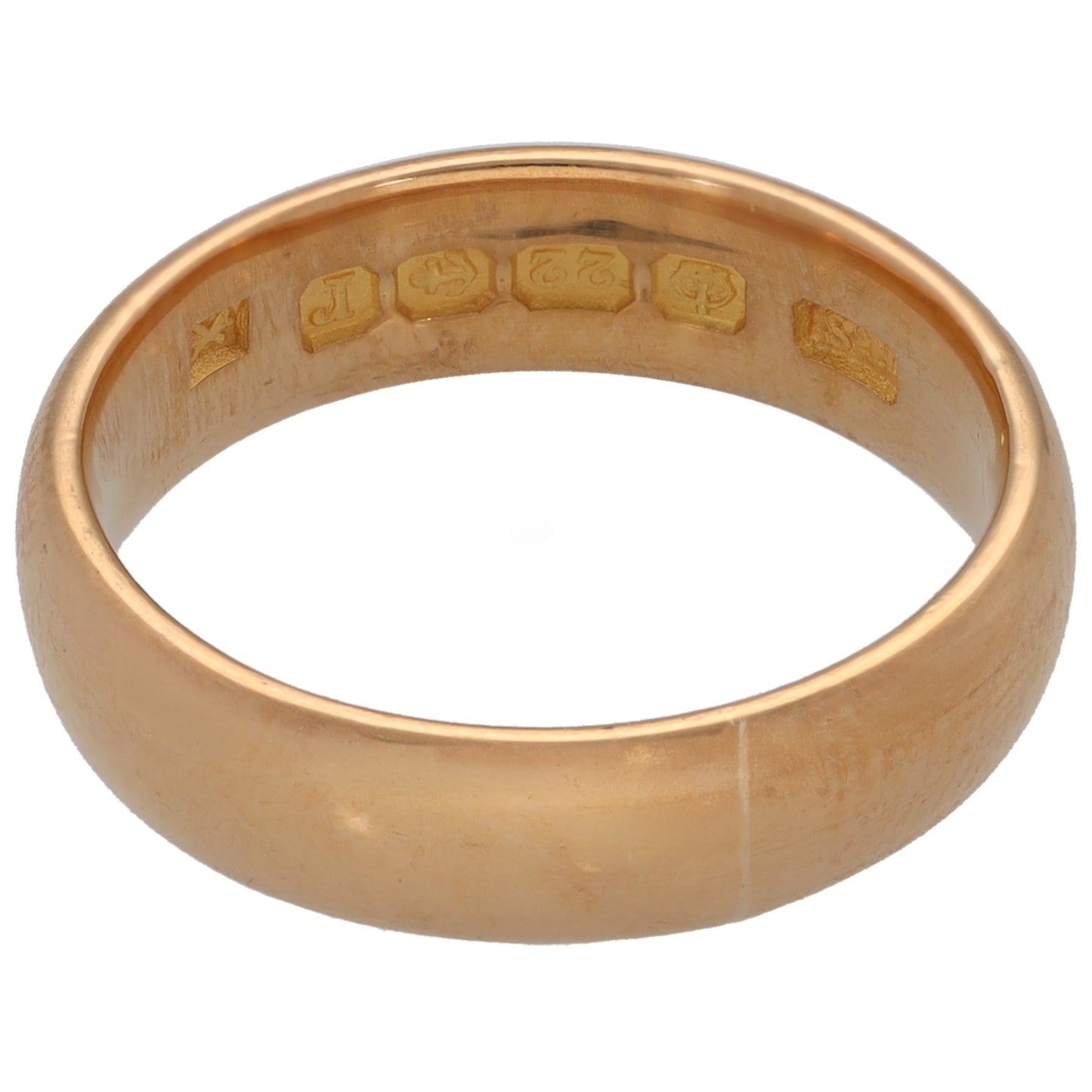 22ct gold plain wedding ring, size N, inner edge with engraved marks