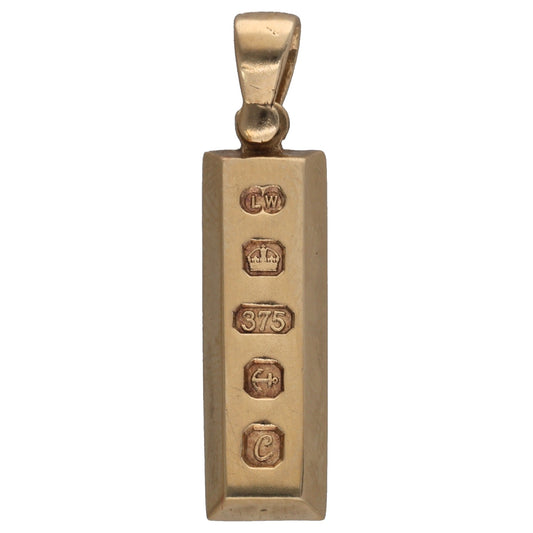 Gold ingot pendant with bail, hallmarked 375 and crown emblem