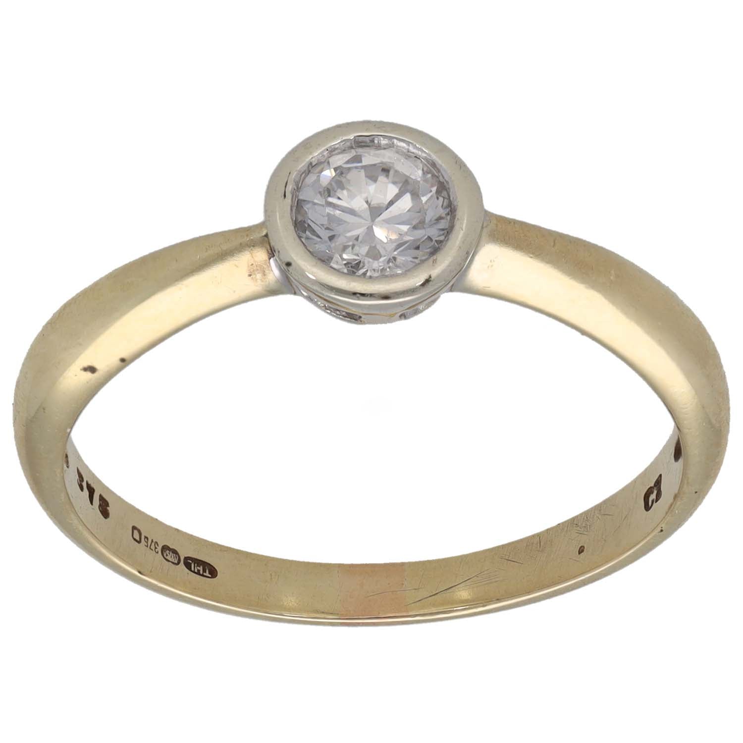 9ct gold CZ single-stone ring with round clear solitaire in silver-tone setting