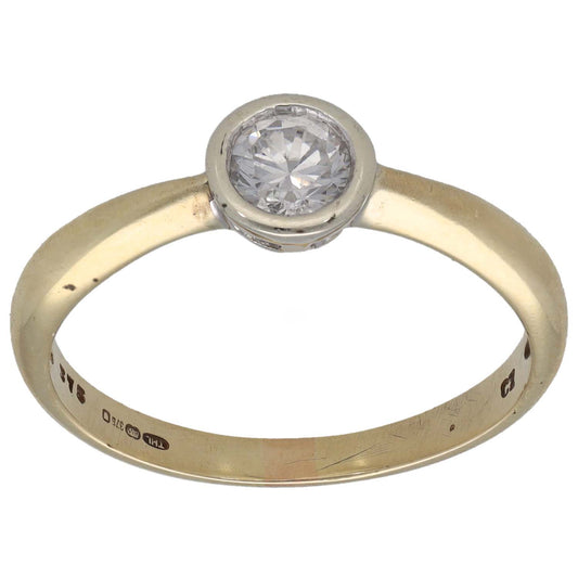 9ct gold CZ single-stone ring with round clear solitaire in silver-tone setting