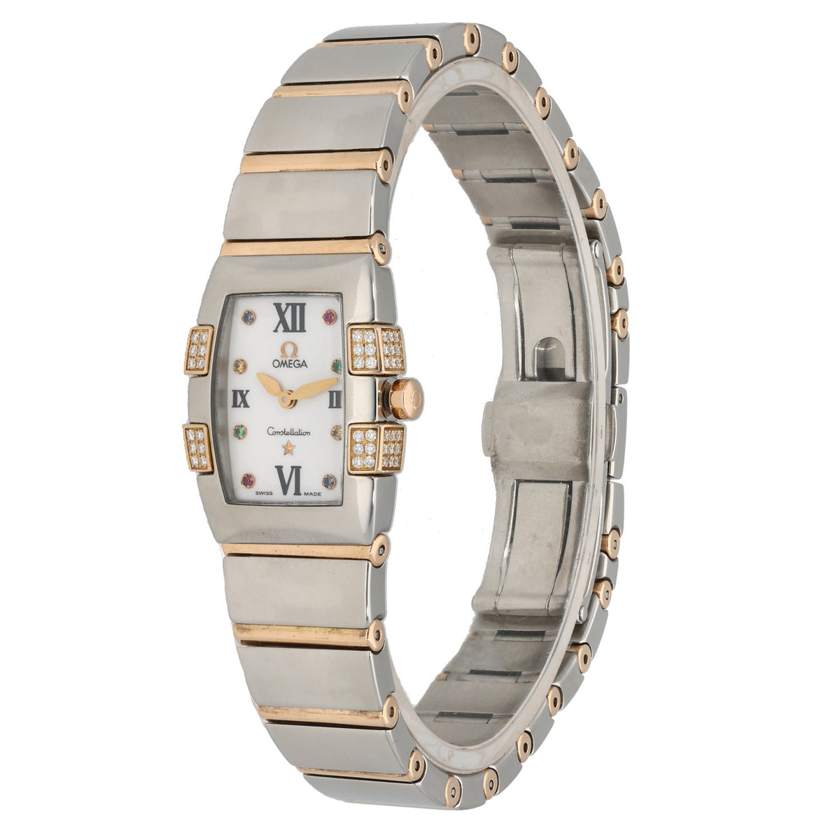 Omega Constellation 1283.79.00, Mother of Pearl dial with coloured diamonds and a bi-colour bracelet, front angled image