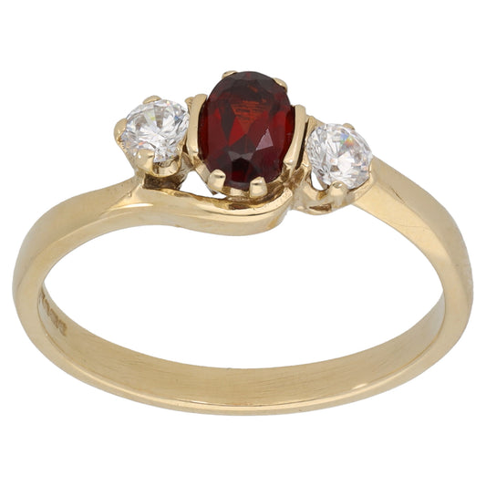 9ct Gold Garnet & Cubic Zirconia Trilogy Ring Size R