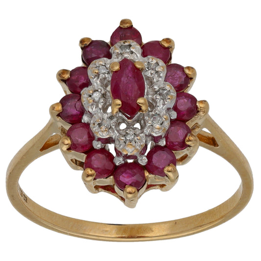 9ct Gold Glass Filled Ruby & 0.12ct Diamond Dress/Cocktail Ring Size P