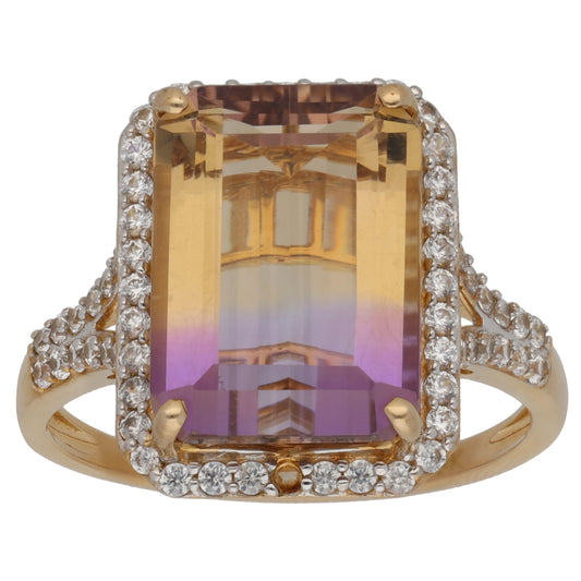 9ct Gold Ametrine & Topaz Single Stone Ring with Accent Stones Size R