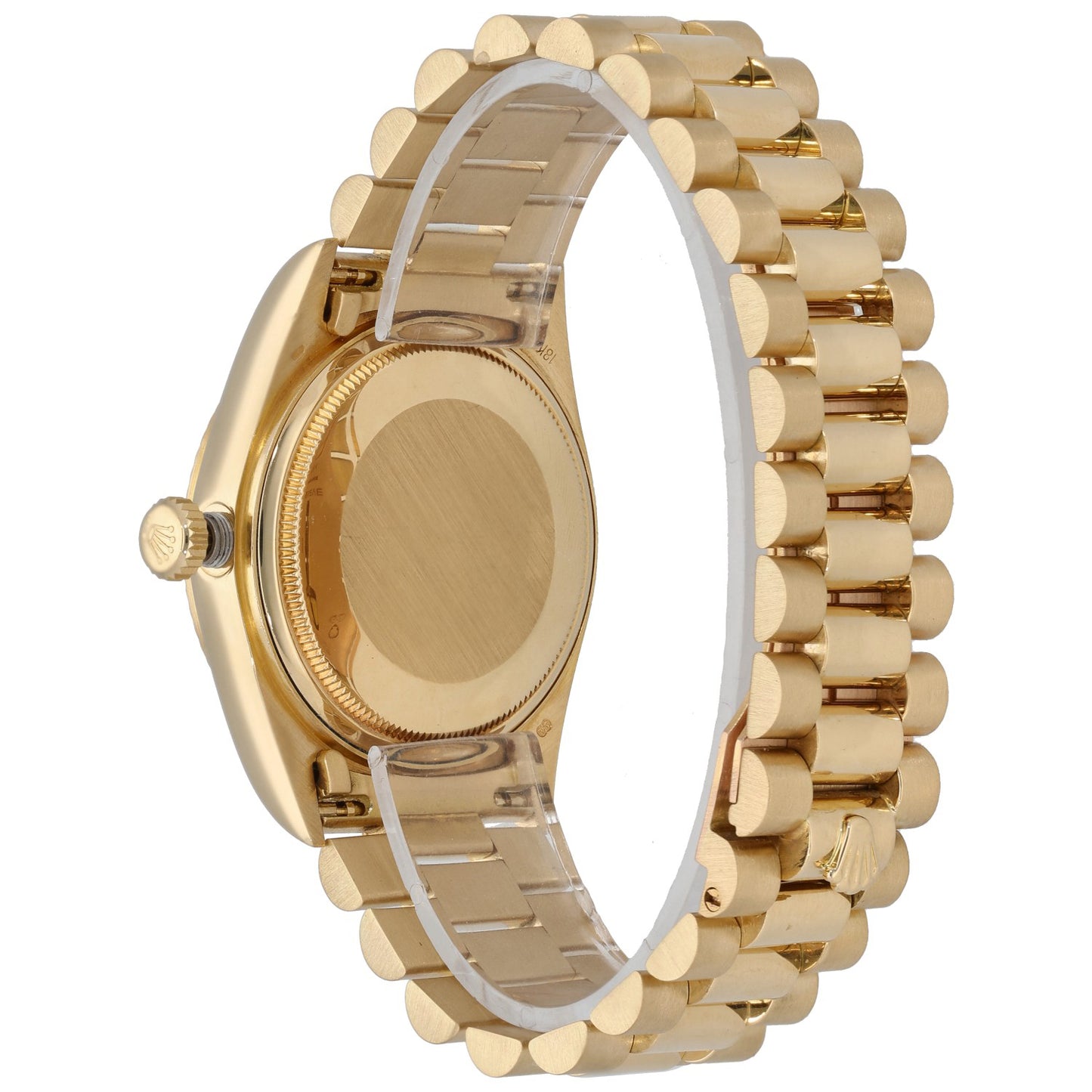 Rolex Day-Date 18038 gold wristwatch caseback view with gold link bracelet