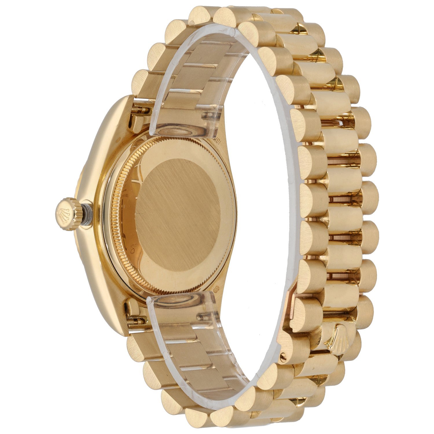Rolex Day-Date 18038 gold wristwatch caseback view with gold link bracelet