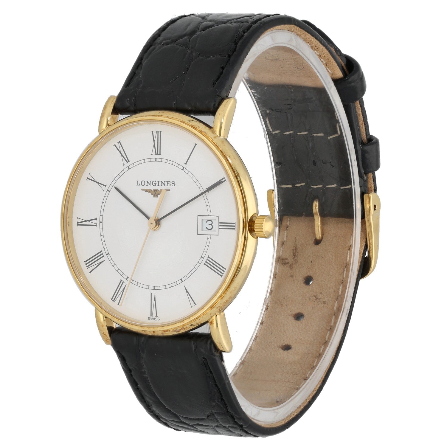 Longines Presence L4.743.6, gold case with aged leather strap and white dial, vintage dress watch