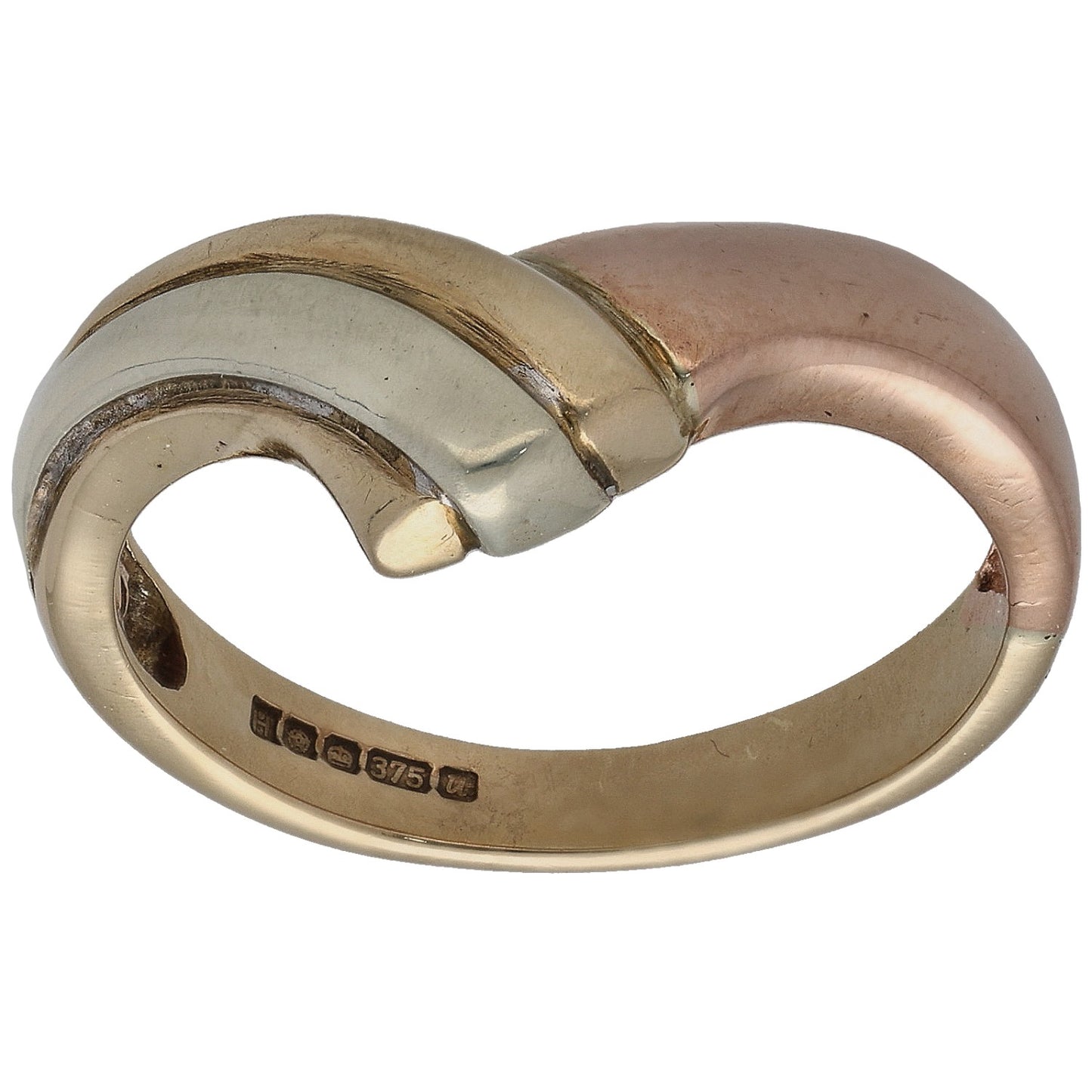 Tricolour gold wishbone ring with overlapping bands and inner hallmark