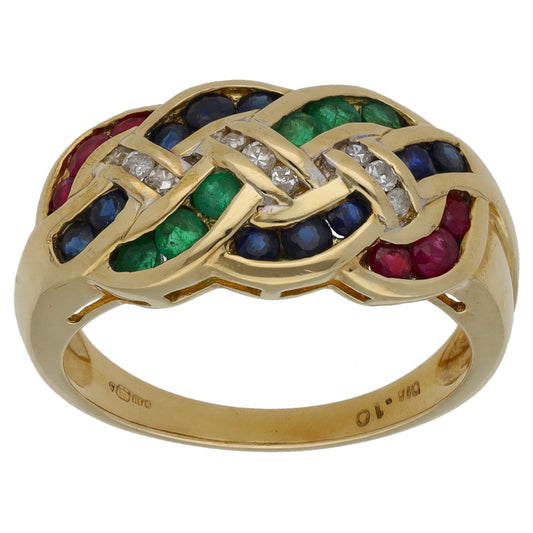 9ct Gold Emerald & Ruby & Sapphire & 0.09ct Diamond Dress/Cocktail Ring Size O