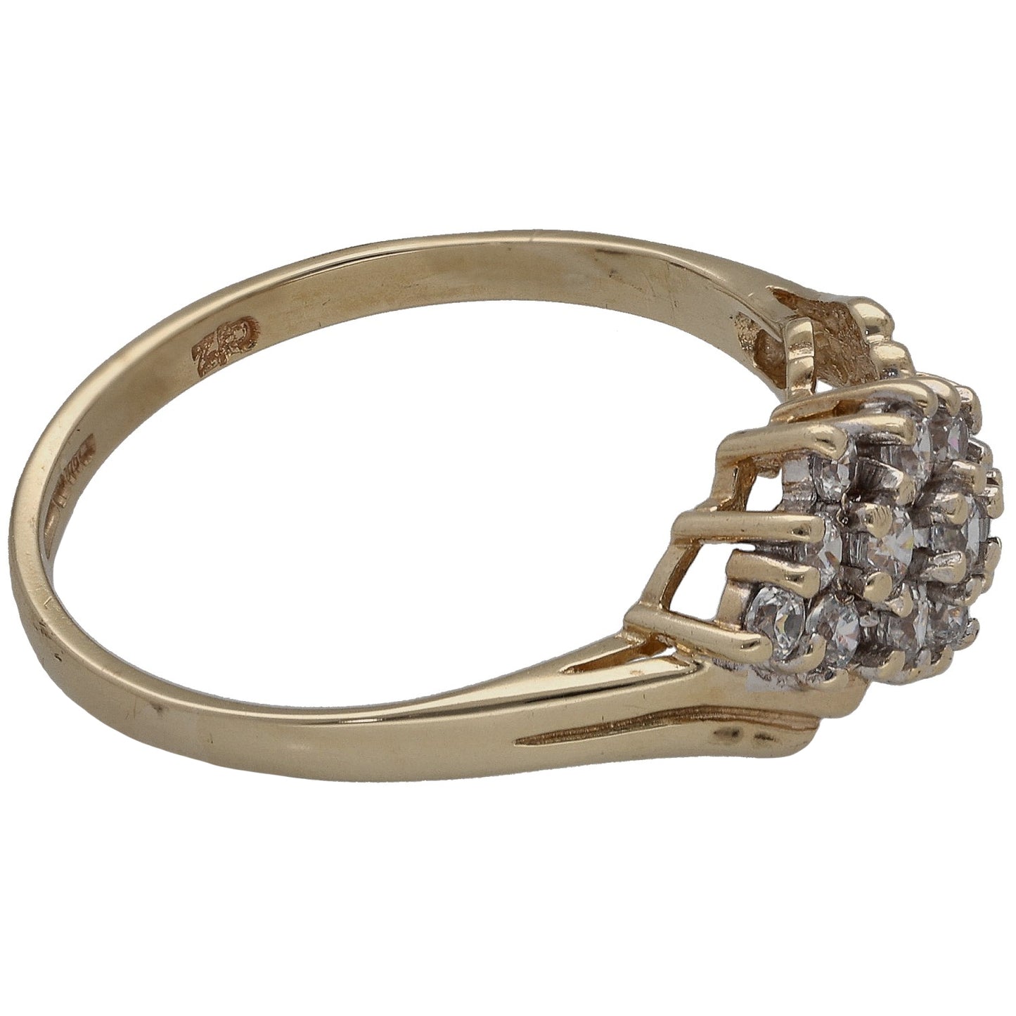 9ct gold CZ cocktail ring with side profile clustered round stones, size R