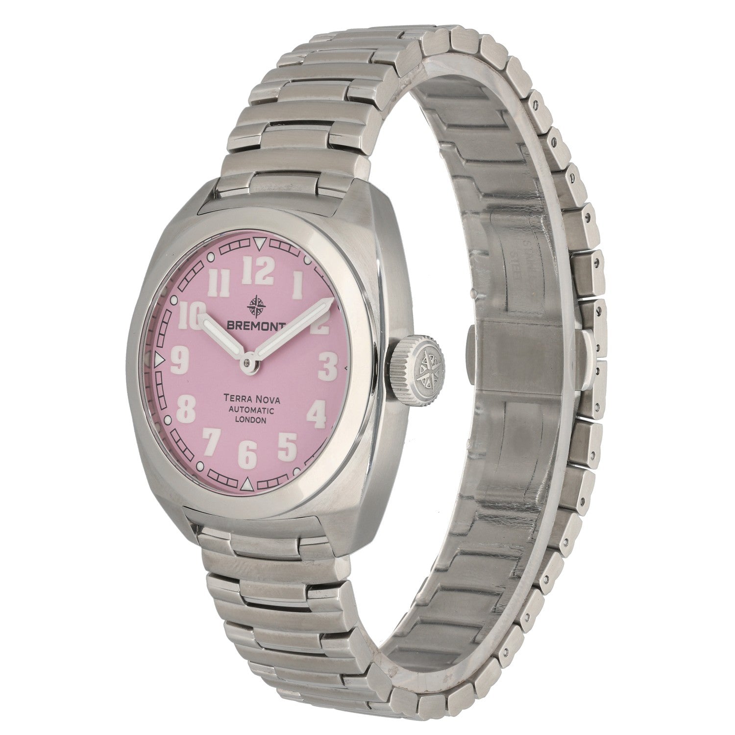 Bremont Terra Nova TN38-ND-SS-PK-B, limited edition pink dial inside 38mm stainless steel case, front angled image