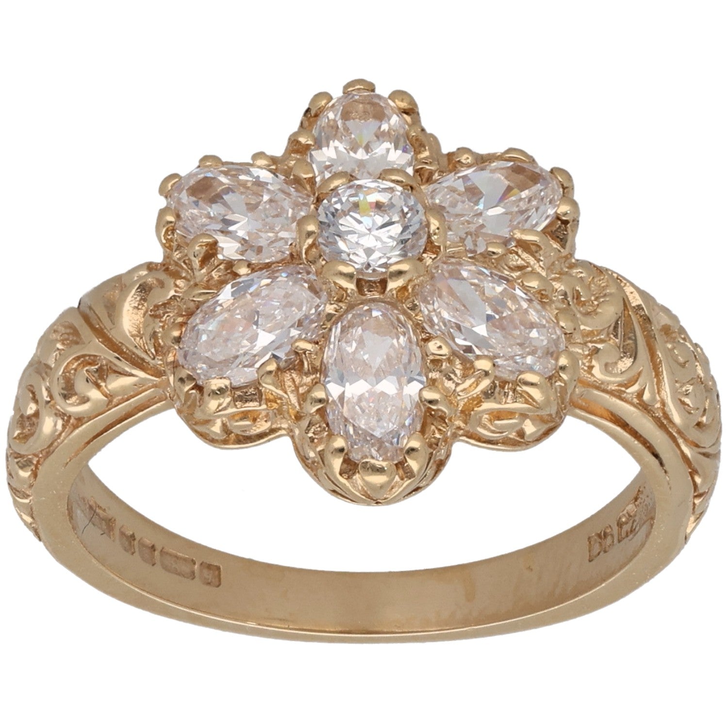 Gold-tone CZ cocktail ring with five round clear stones in a floral cluster