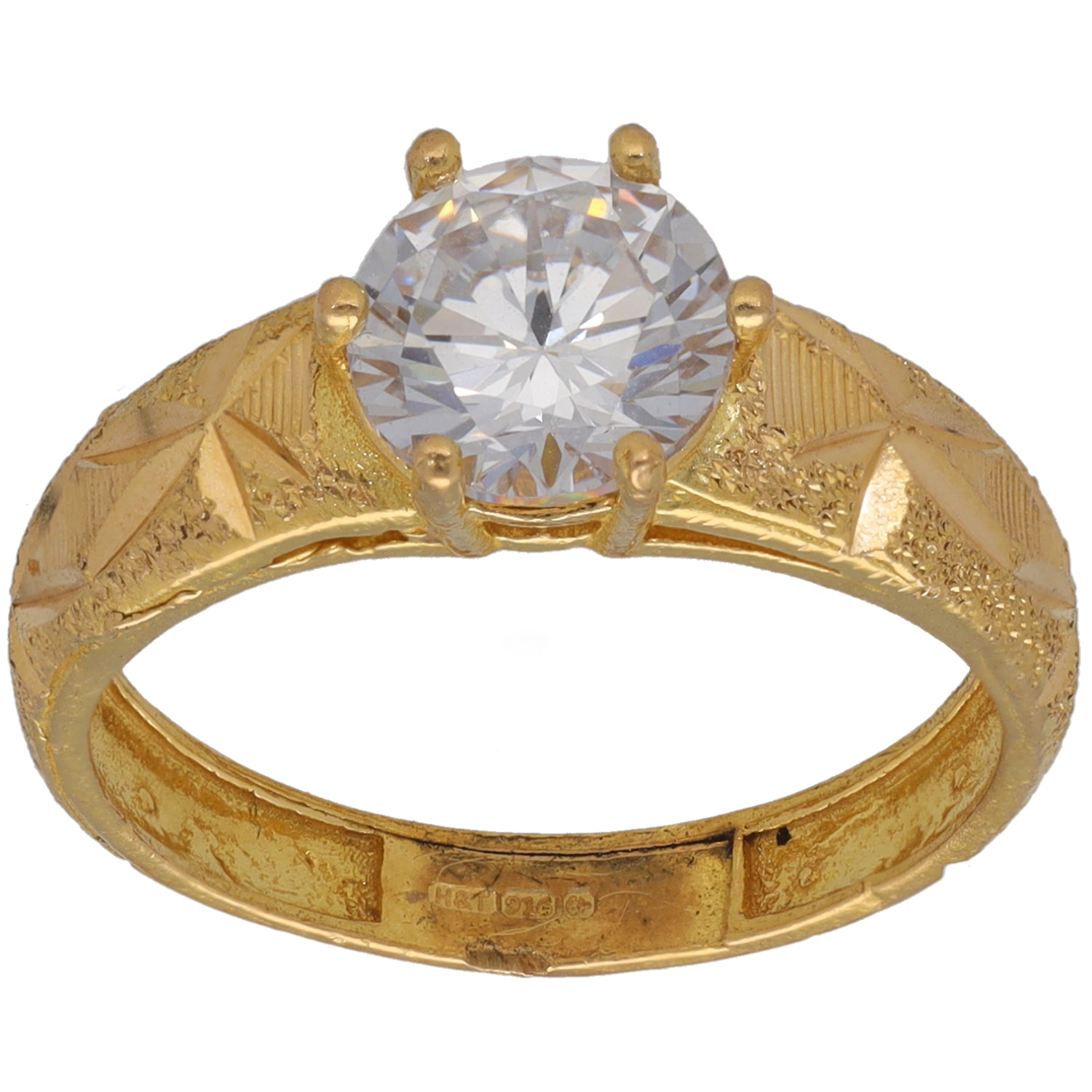 Gold-tone single-stone ring with round clear cz and four-prong setting, textured band