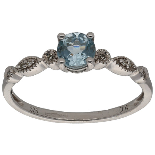 9ct White Gold Aquamarine & 0.04ct Diamond Single Stone Ring With Accents Size N