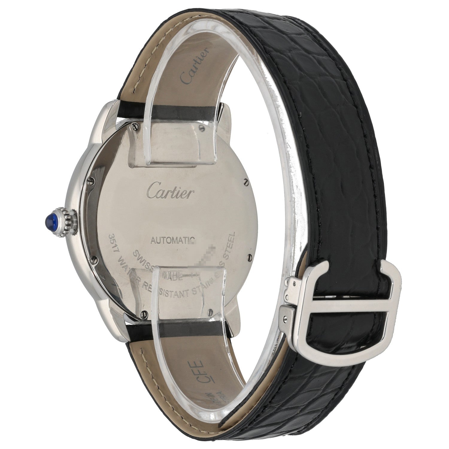 Cartier Ronde Solo 3517 Stainless steel watch case with black leather strap, caseback and buckle clasp