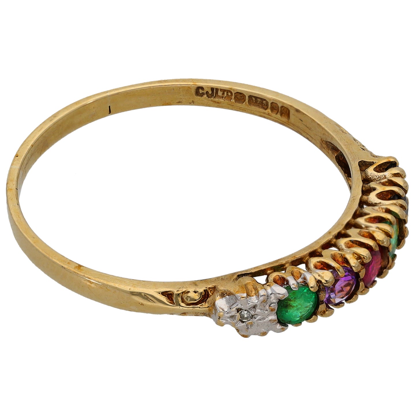 9ct Gold 0.05ct Diamond, Emerald, Amethyst, Ruby, Sapphire & Tourmaline Half Eternity Ring Size V