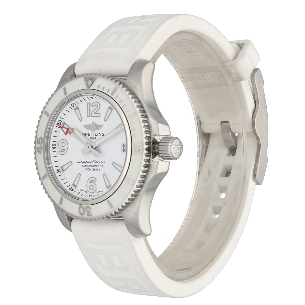 Breitling Superocean A17316, full white dial, bezel and rubber bracelet, crown angle