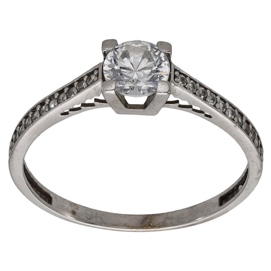 9ct White Gold Cubic Zirconia Single Stone Ring With Accents Size S