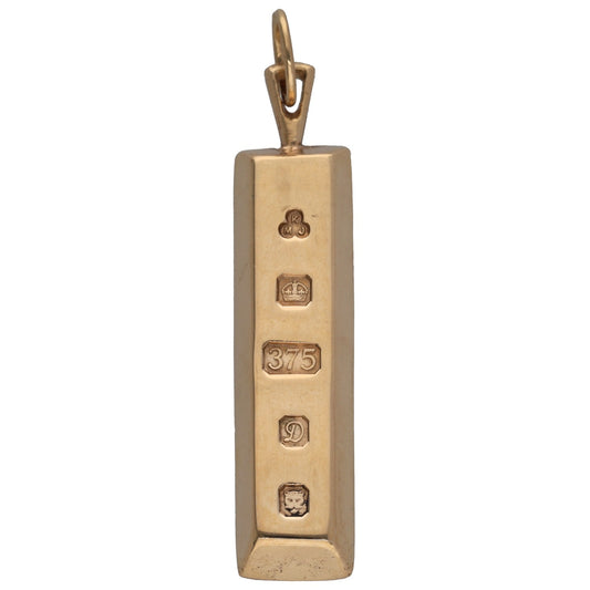 9ct gold ingot pendant with bail, stamped marks on rectangular bar