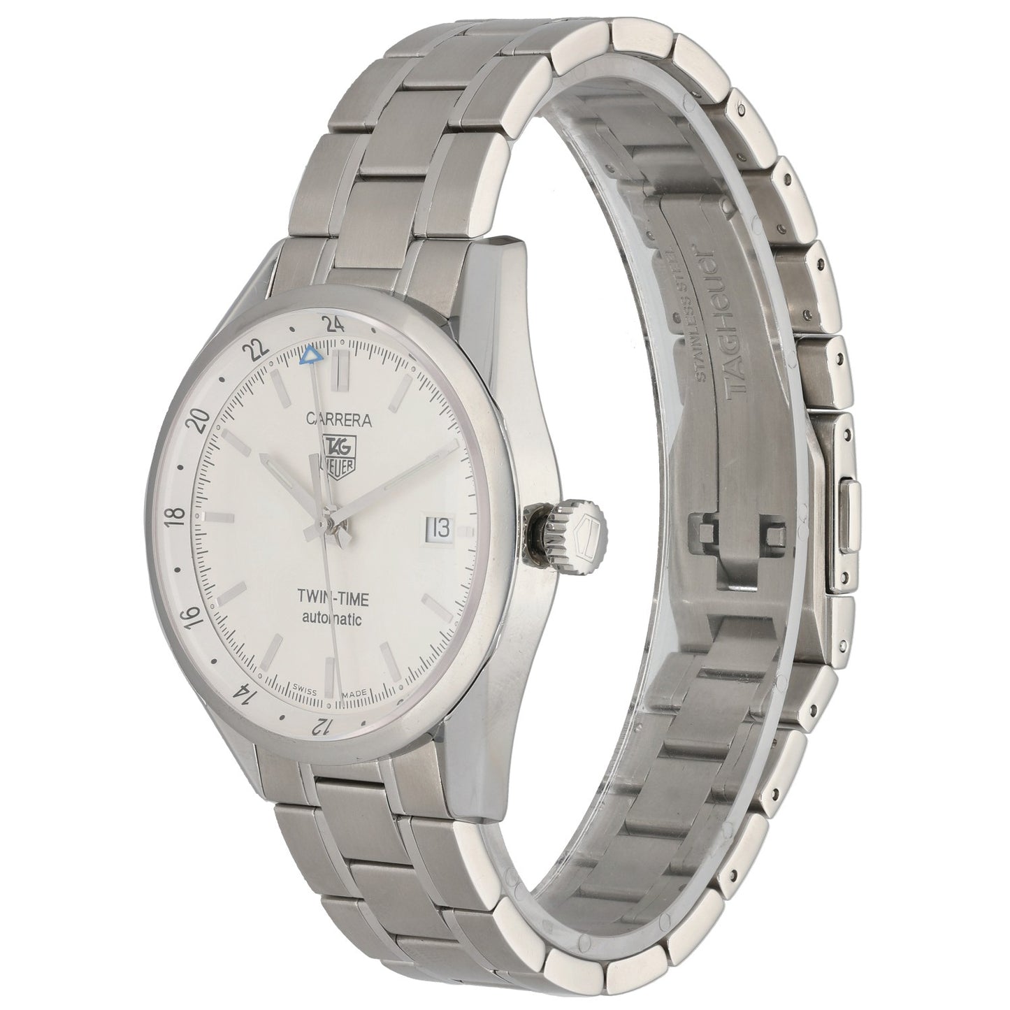 Stainless steel Tag Heuer Carrera WV2116-0 watch with white dial and metal bracelet, side view