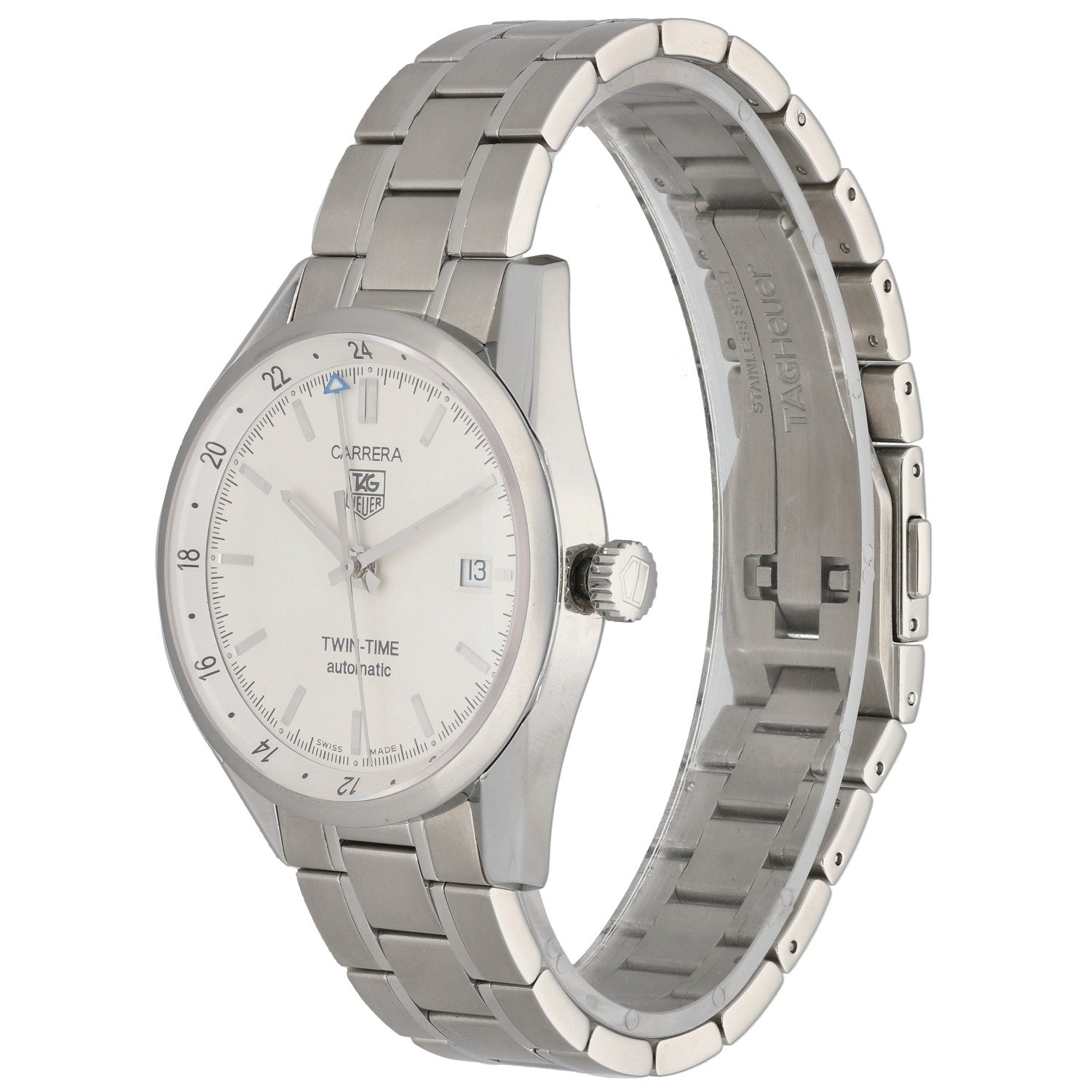 Stainless steel Tag Heuer Carrera WV2116-0 watch with white dial and metal bracelet, side view