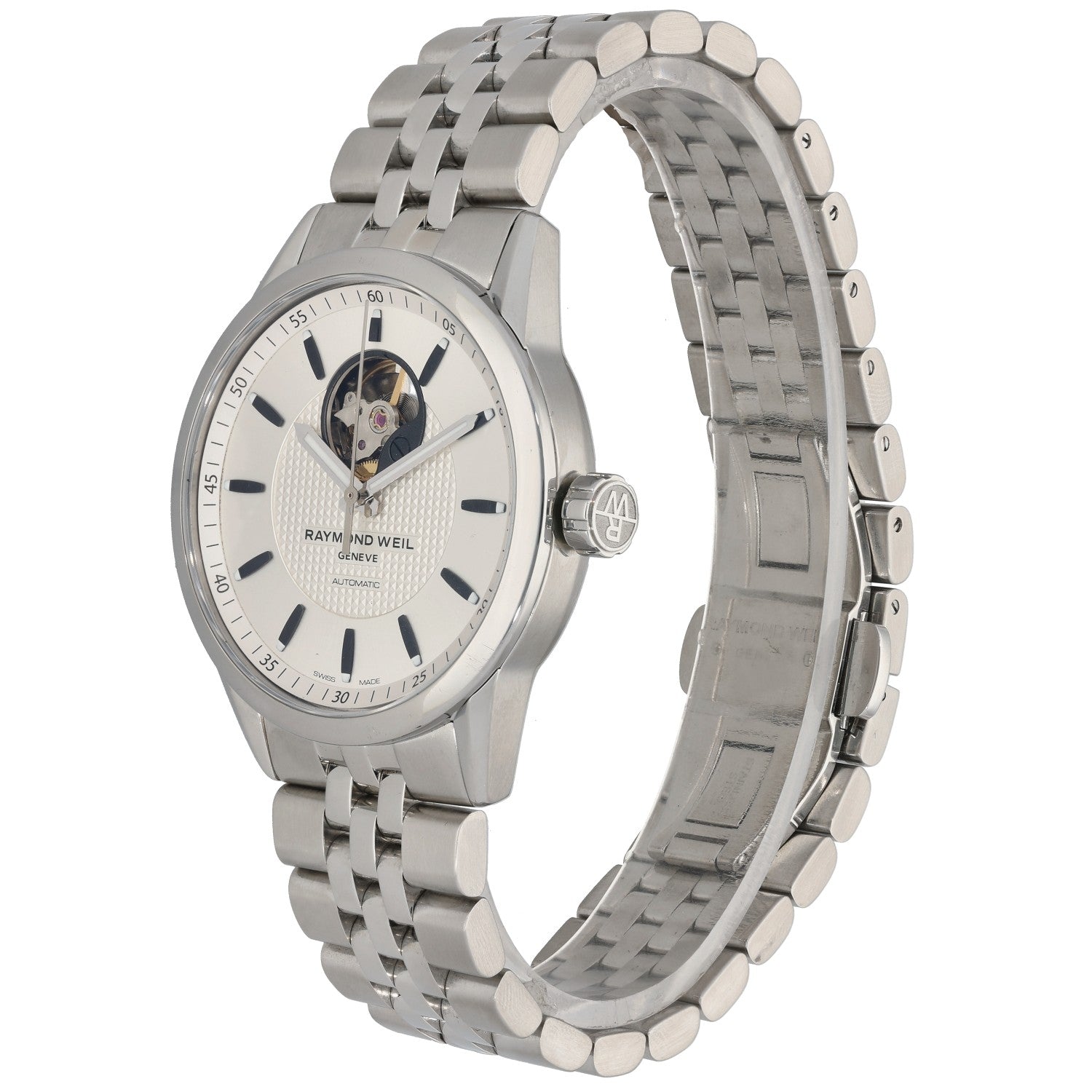 Raymond Weil Freelancer 2710 Stainless steel 42mm wristwatch angled view, white dial and crown, link bracelet.