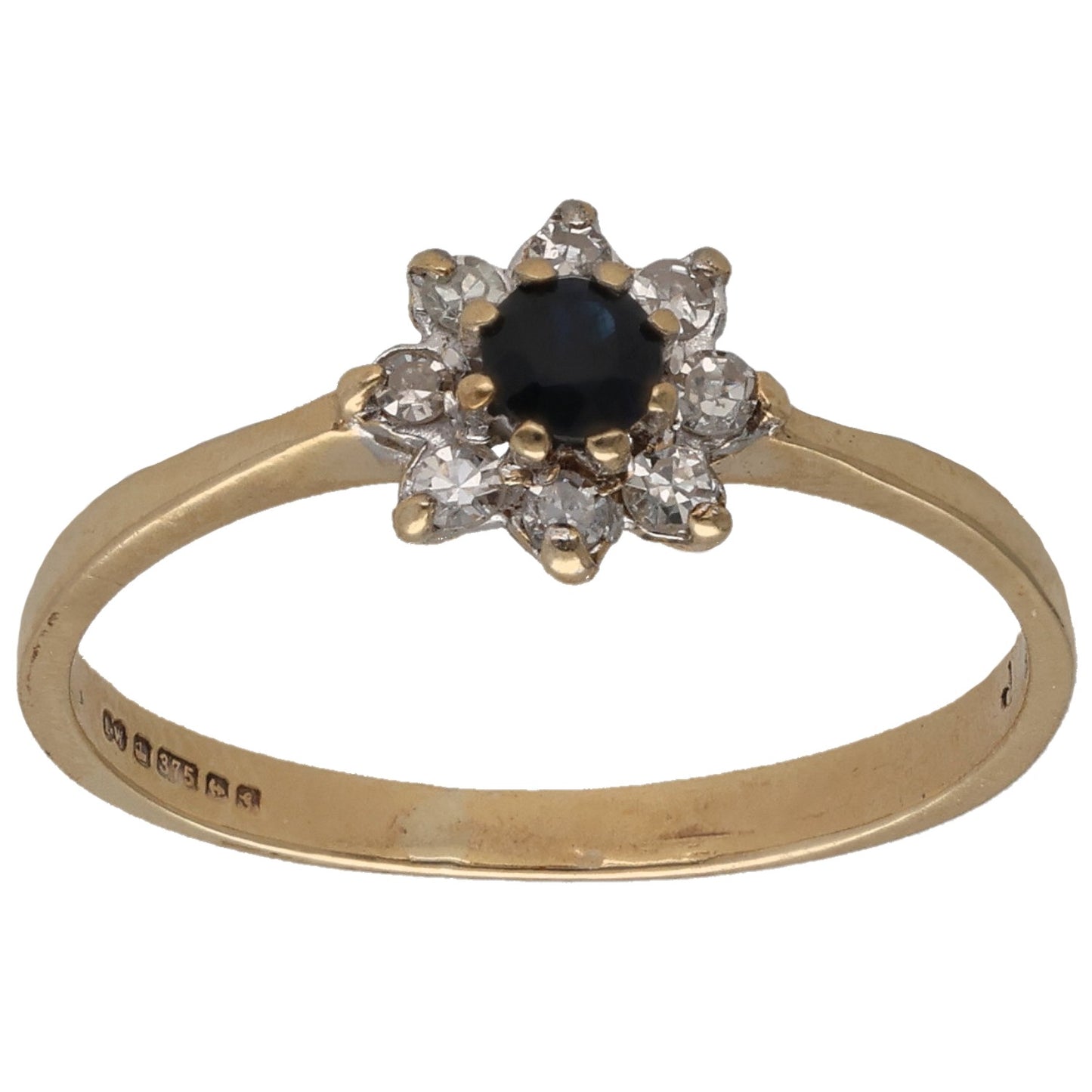 9ct Gold Sapphire & 0.08ct Diamond Cluster Ring Size M