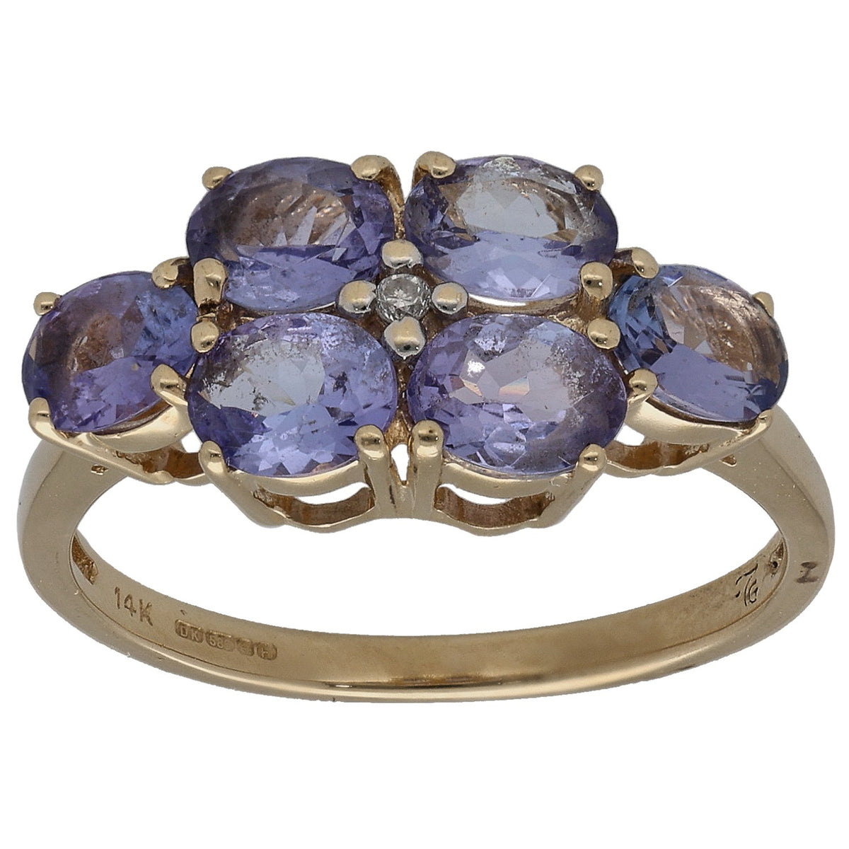 14k gold cluster ring with oval blue-violet tanzanite stones and a round diamond