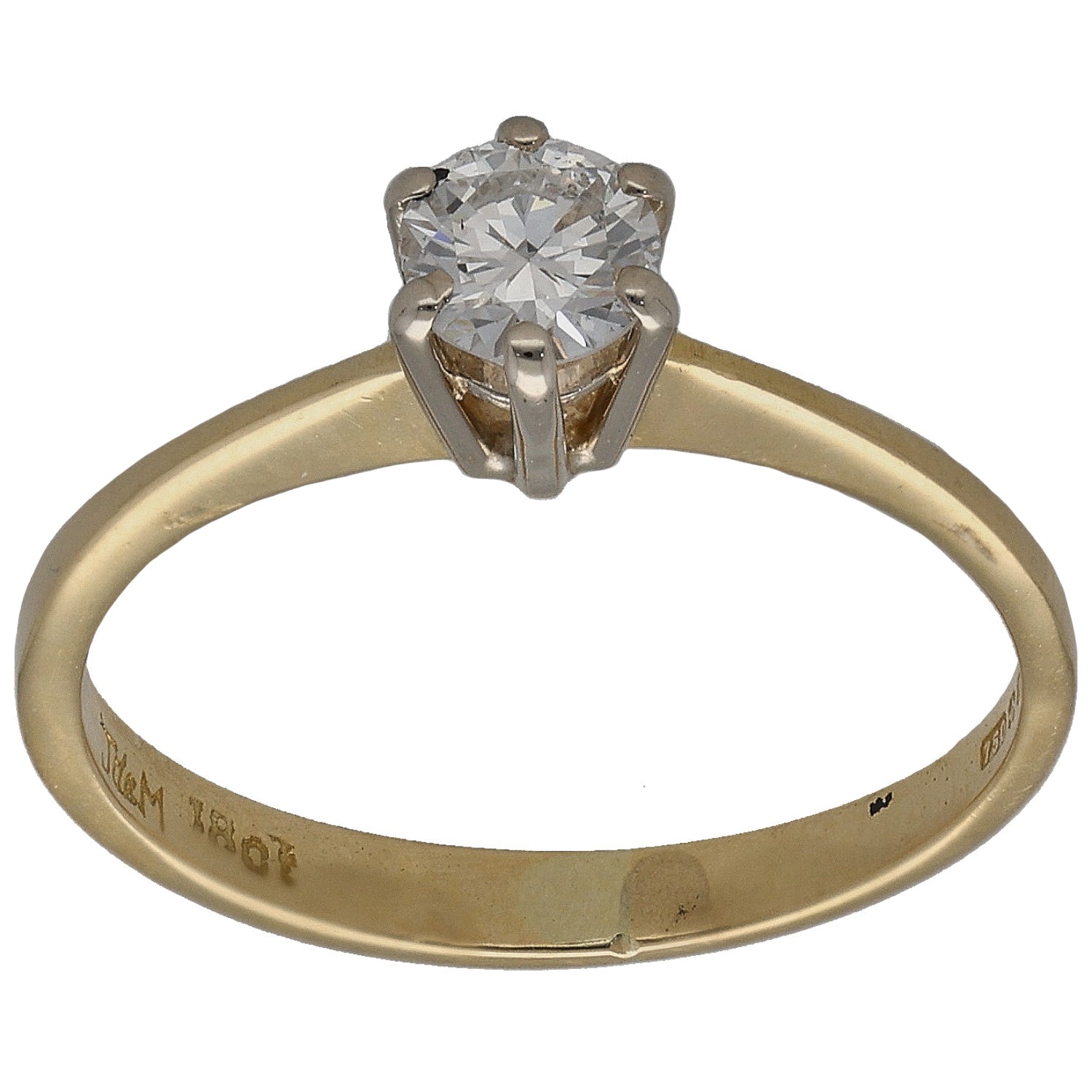 Gold solitaire diamond ring with round stone and four-prong setting