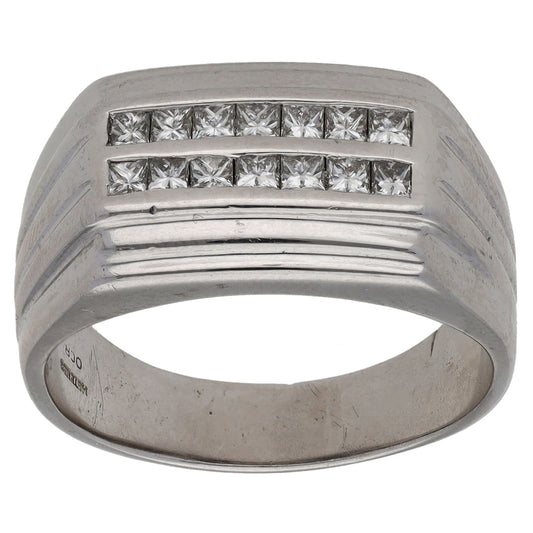 14ct White Gold 0.70ct Diamond Patterned Signet Ring Size S