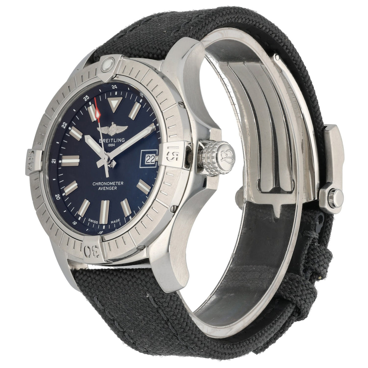 Breitling Avenger A17318 stainless watch side profile, blue dial, black fabric strap, date window