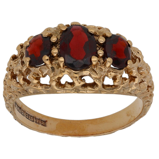 9ct Gold Garnet Trilogy Ring Size O