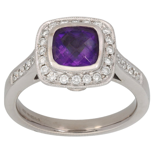 18ct White Gold Amethyst & 0.28ct Diamond Cluster Ring Size M