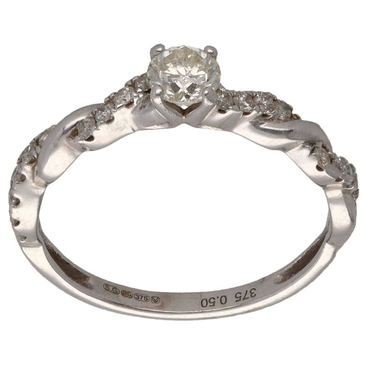 9ct White Gold 0.50ct Diamond Solitaire Ring With Accent Stones Size M
