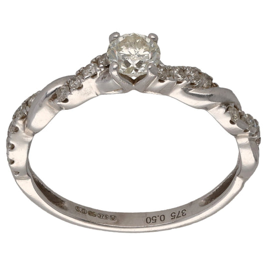 9ct White Gold 0.50ct Diamond Solitaire Ring With Accent Stones Size M