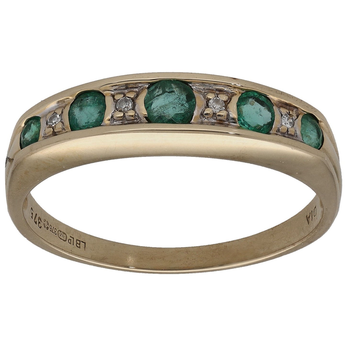 9ct Gold Emerald & 0.02ct Diamond Half Eternity Ring Size O