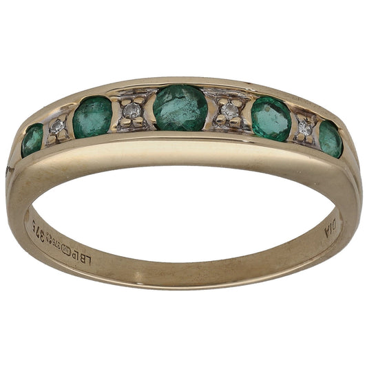 9ct Gold Emerald & 0.02ct Diamond Half Eternity Ring Size O