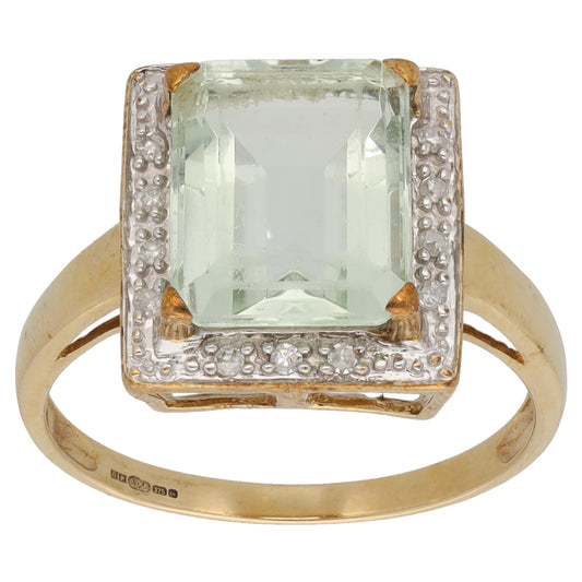 9ct Gold Green Quartz & 0.07ct Diamond Dress/Cocktail Ring Size P