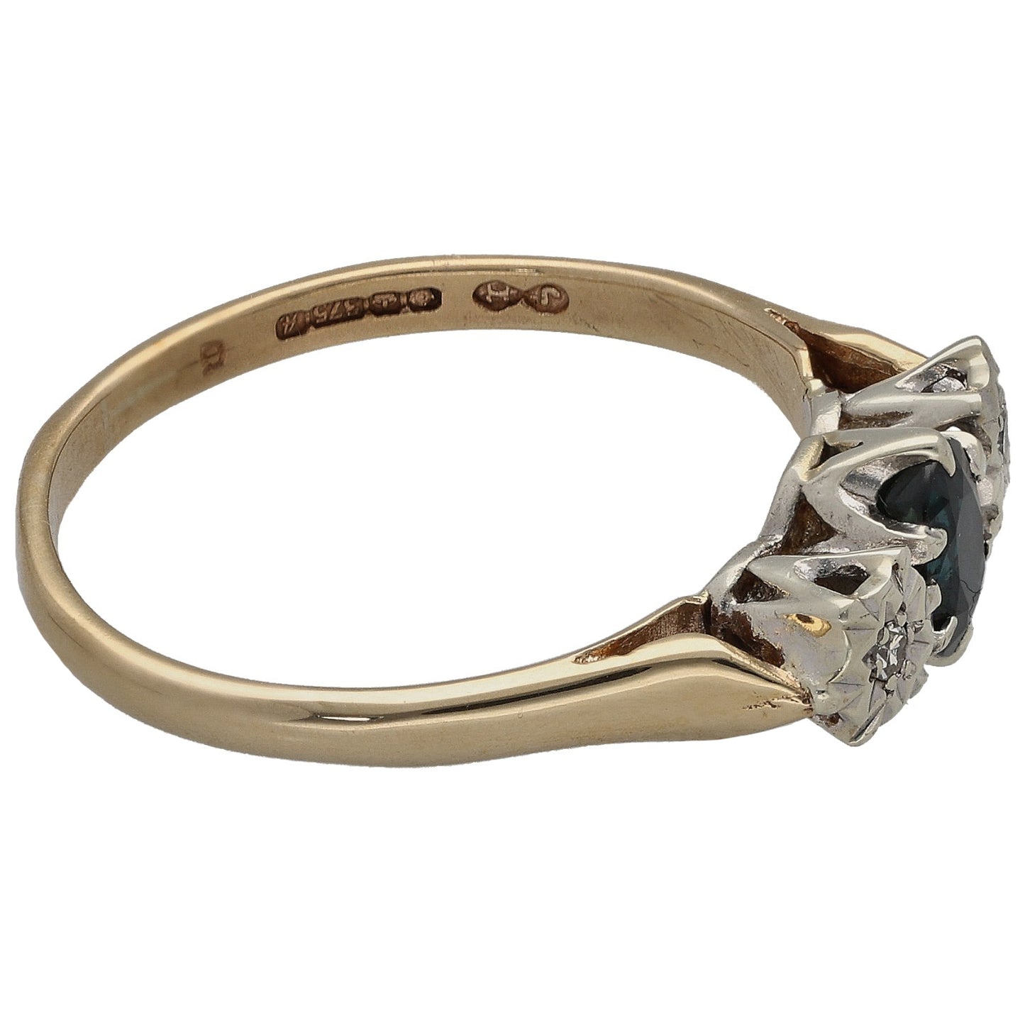 9ct gold three-stone ring side view, round sapphire center with diamond side stones