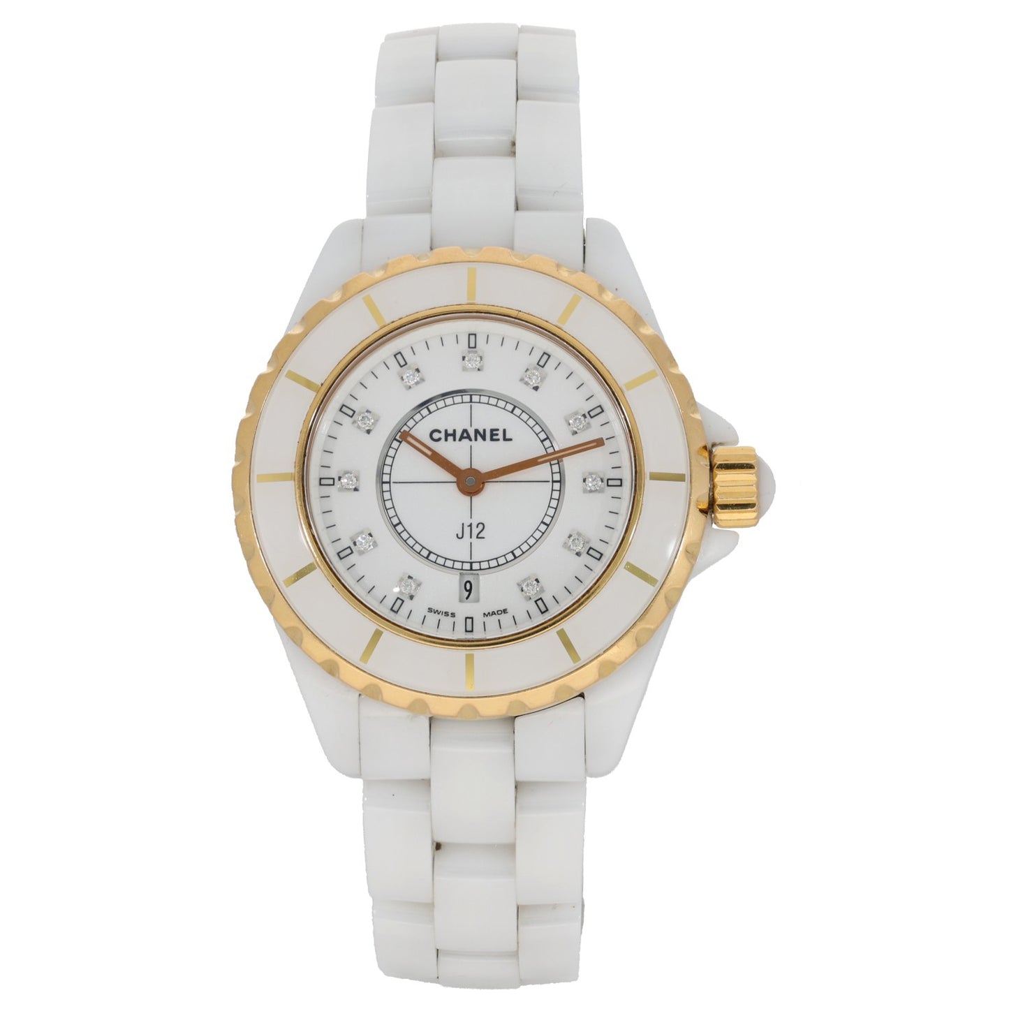 chanel j12, white ceramic case and bracelet, gold bezel, diamond hour markers