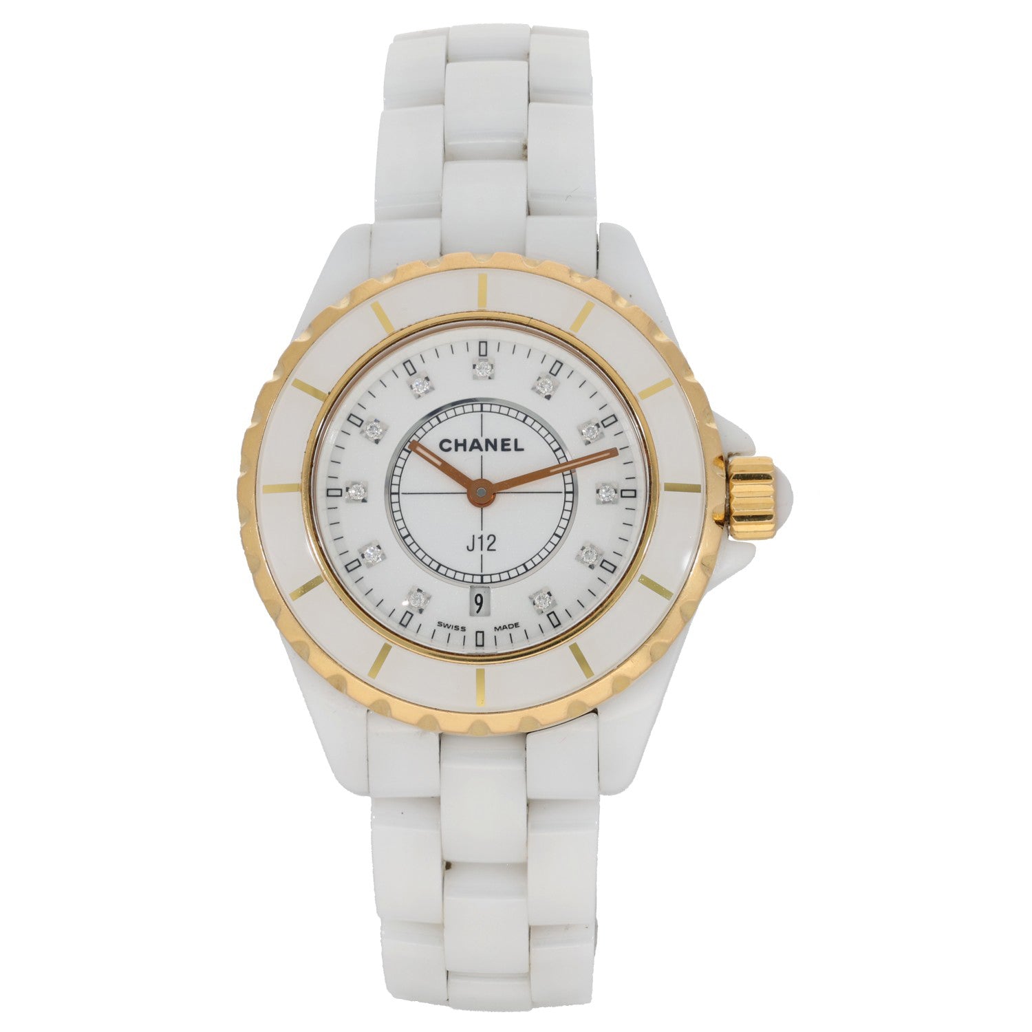 chanel j12, white ceramic case and bracelet, gold bezel, diamond hour markers
