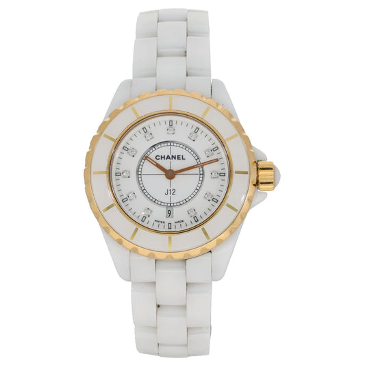 chanel j12, white ceramic case and bracelet, gold bezel, diamond hour markers